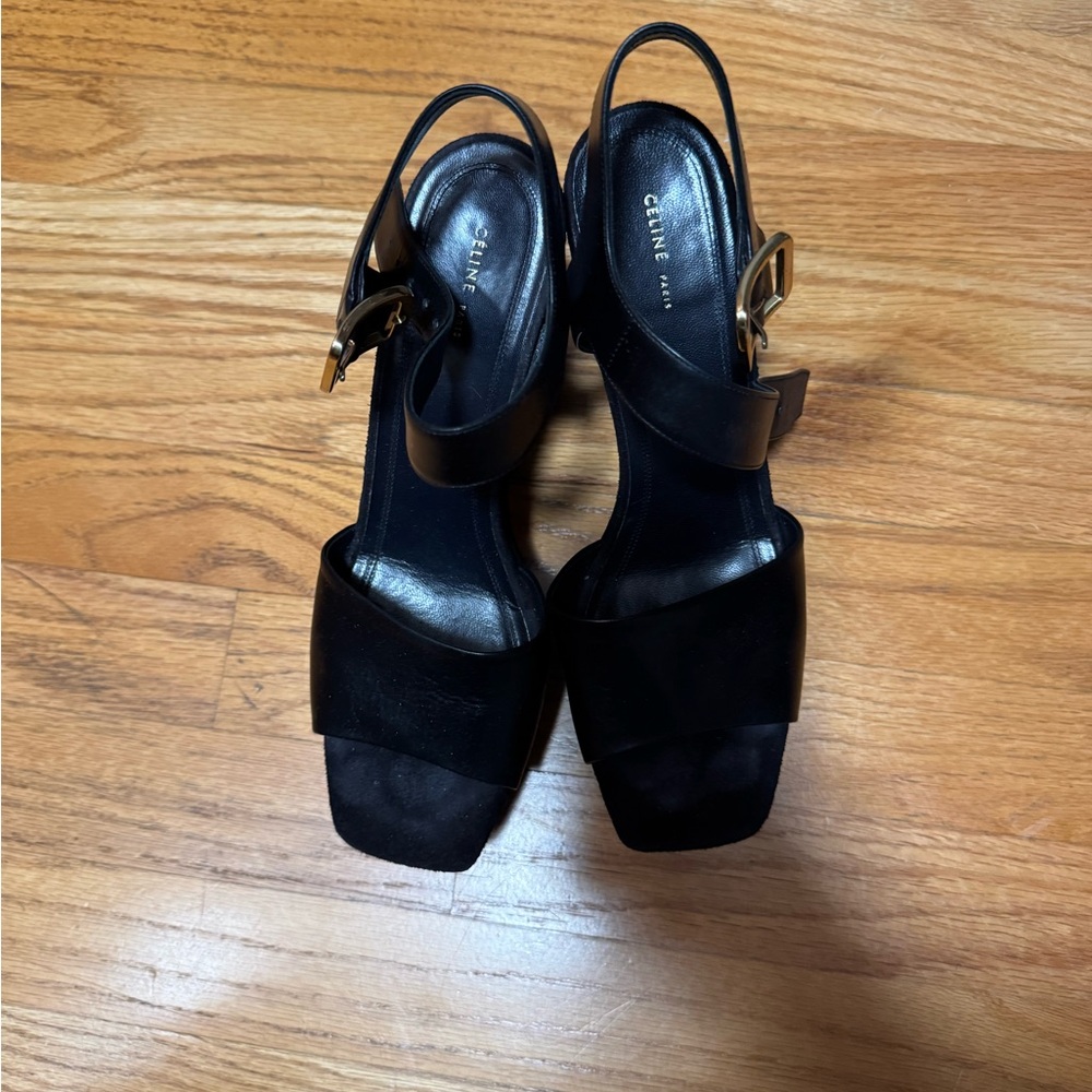 Celine Black Leather Chunky Y2K platform wedge Sandals with Gold Buckle